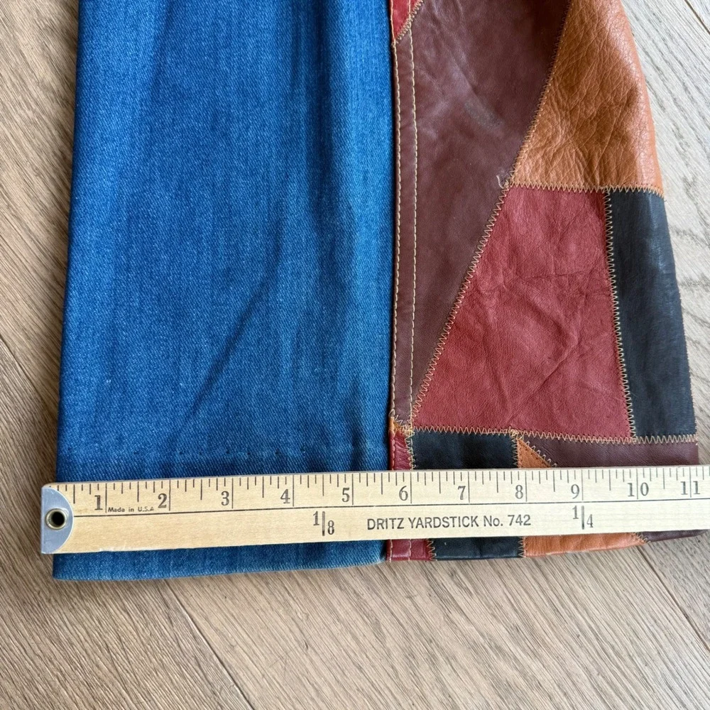 Vintage 70s Aura Denim Leather Patchwork 2 Piece Set Vest Flare Pants M 13/14 - Picture 11 of 12